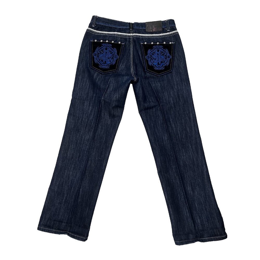 Men's Ak:Cess Akcess Dark Wash Baggy Y2K Embellished Denim Jeans Size 36x32